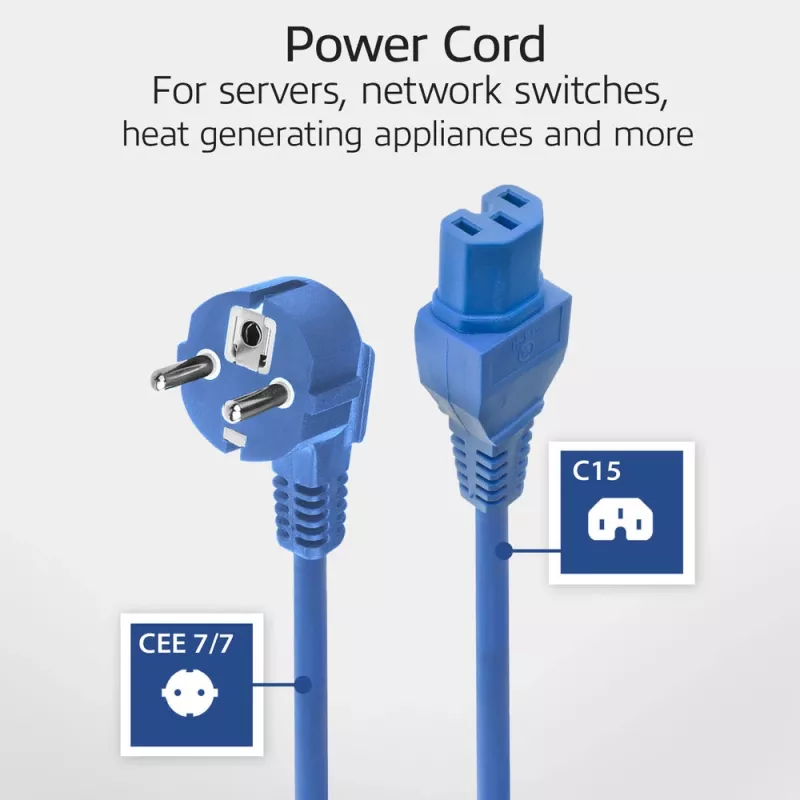 ACT Netzkabel CEE 7/7 Stecker gewinkelt C15 blau 1,5 m 230V 10A