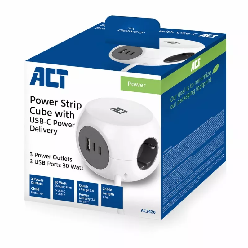 ACT AC2420 Stromverlängerung 1,5 m 3 AC-Steckdosen Innenbereich Weiß
