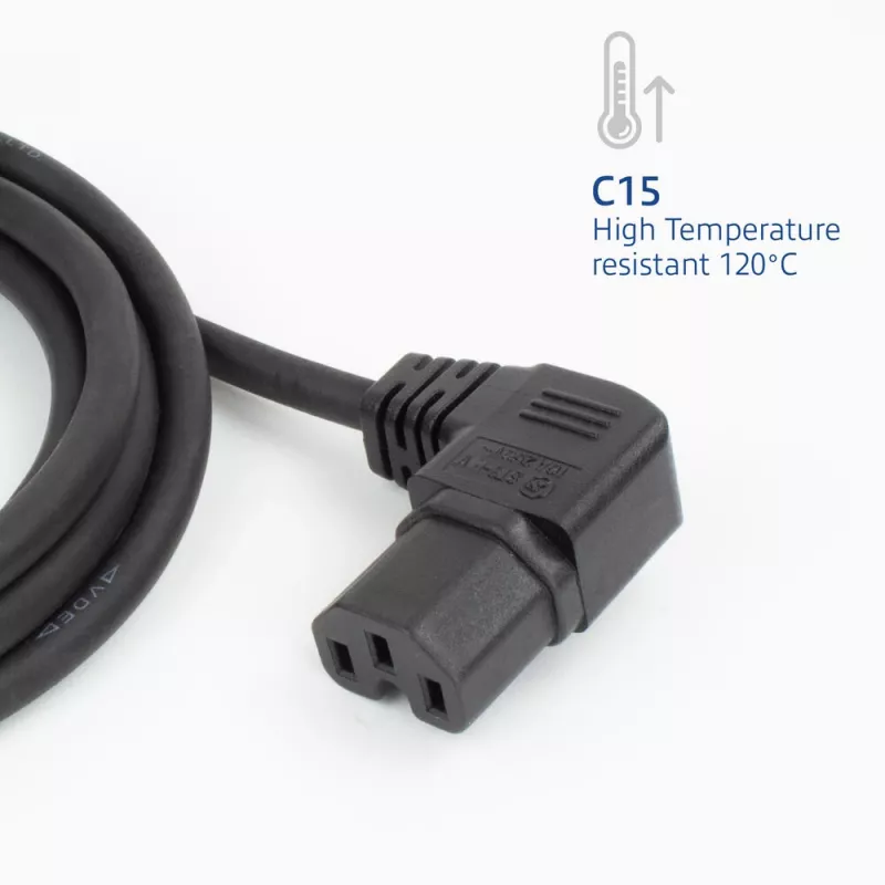 ACT Netzkabel CEE 7/7 Stecker (gewinkelt) - C15 (gewinkelt rechts) IEC60320 schwarz 1,5 m