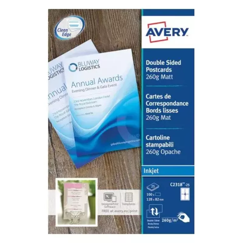 Avery Quick&Clean C2318-25i Karten, 82,6 x 127 mm, 260 g/m², weiß, 100 Karten (25 Blatt x 4)