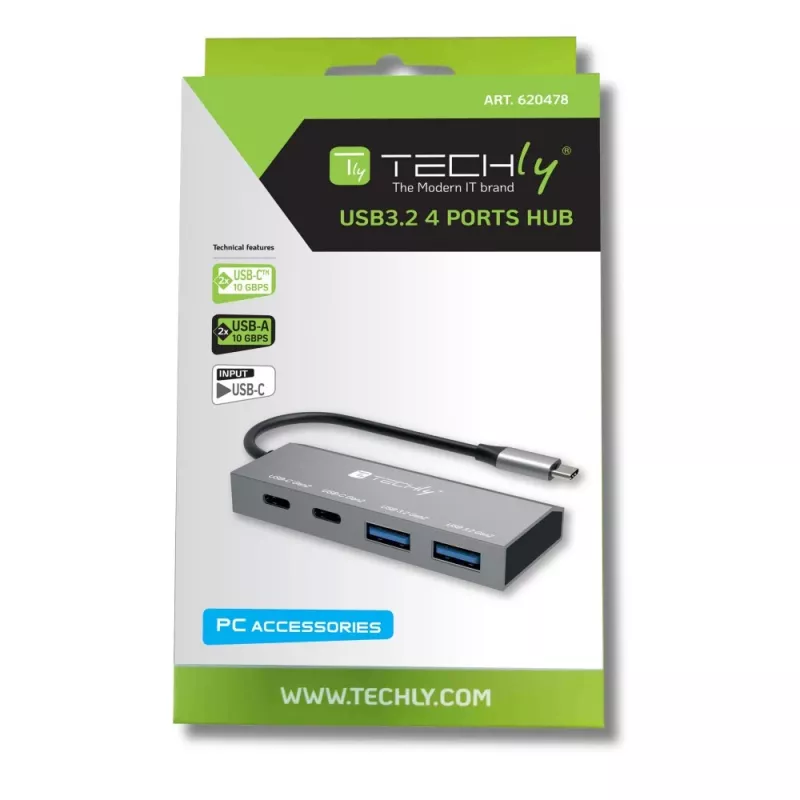 Techly IUSB32C-HUB4AC2 USB-C Hub, 4 Ports (2x USB-A, 2x USB-C), USB 3.2, 10 Gbit/s, Silber