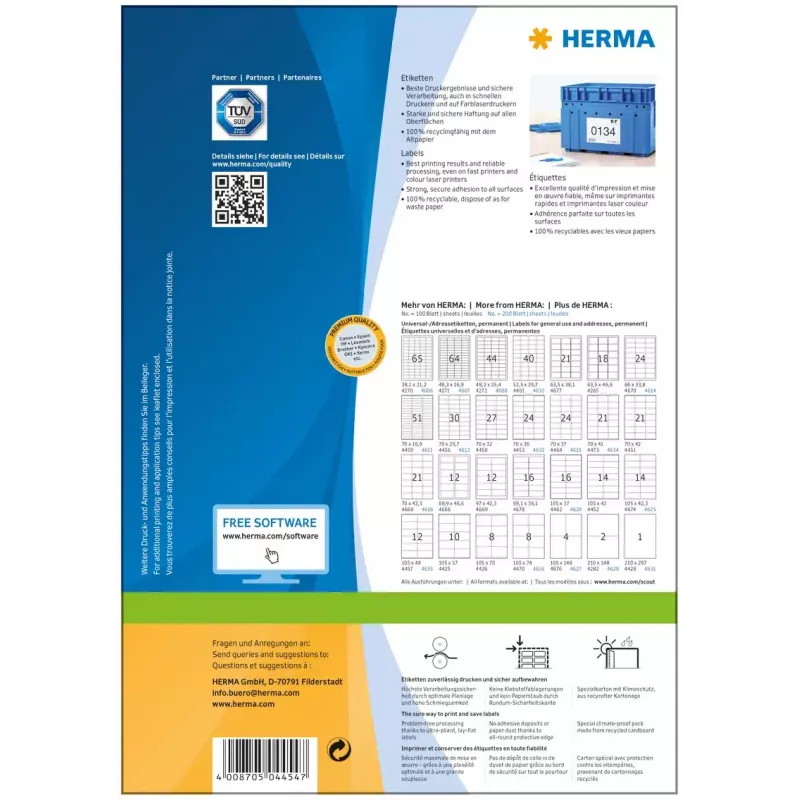 Selbstklebende Druckeretiketten HERMA Labels Premium A4 105x144 mm