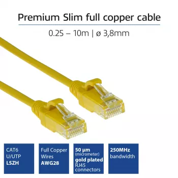 ACT Gelb 0,25 m LSZH U/UTP CAT6 Datacenter-Slimline-Patchkabel mit RJ45-Steckern, rastnasenfrei