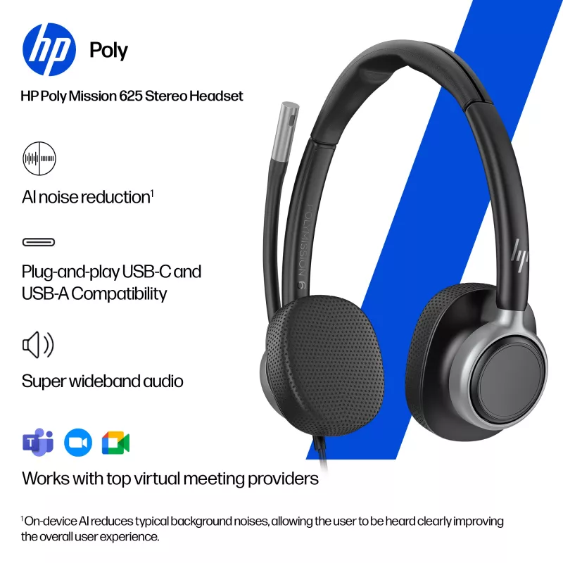 Kabelgebundenes Stereo-USB-Headset HP Poly Mission 625 — ohrumschließend, 147 g, USB-Anschluss (Bulk)