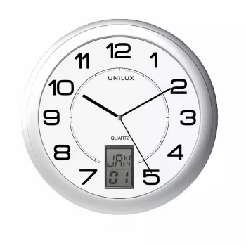 Wand-/Tischuhr Unilux 100340853 — Quarz, rund metallisch silber, Ø 31 cm, Batterie AA/AAA