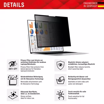 Displex PRIVACY SAFE abnehmbarer 2-Wege-Sichtschutzfilter für Laptop/Notebook (randlos) 14'' (16:10)