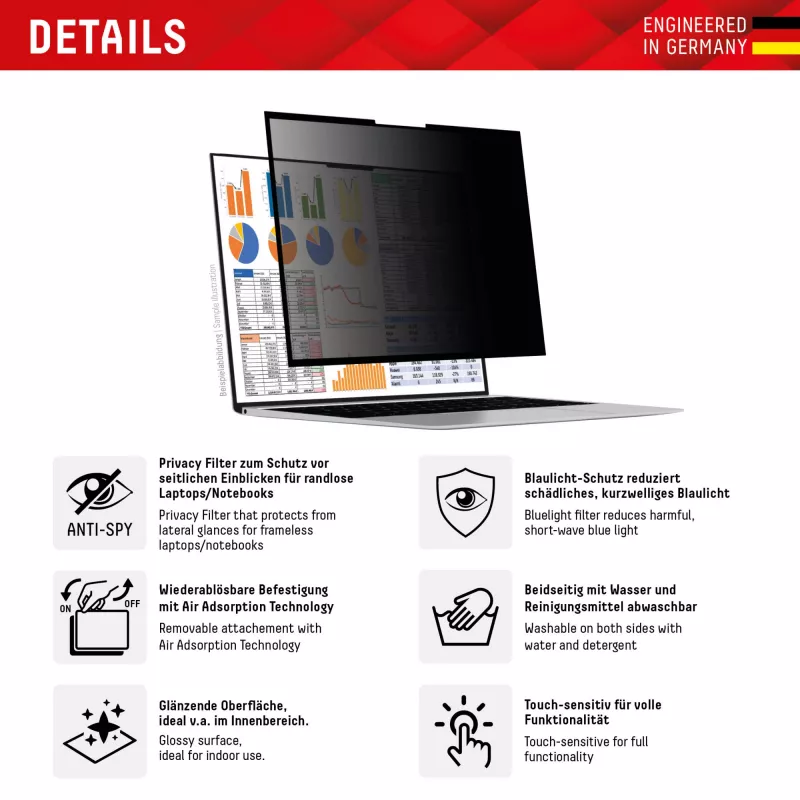 Displex PRIVACY SAFE abnehmbarer 2-Wege-Sichtschutzfilter für Laptop/Notebook (randlos) 14'' (16:10)