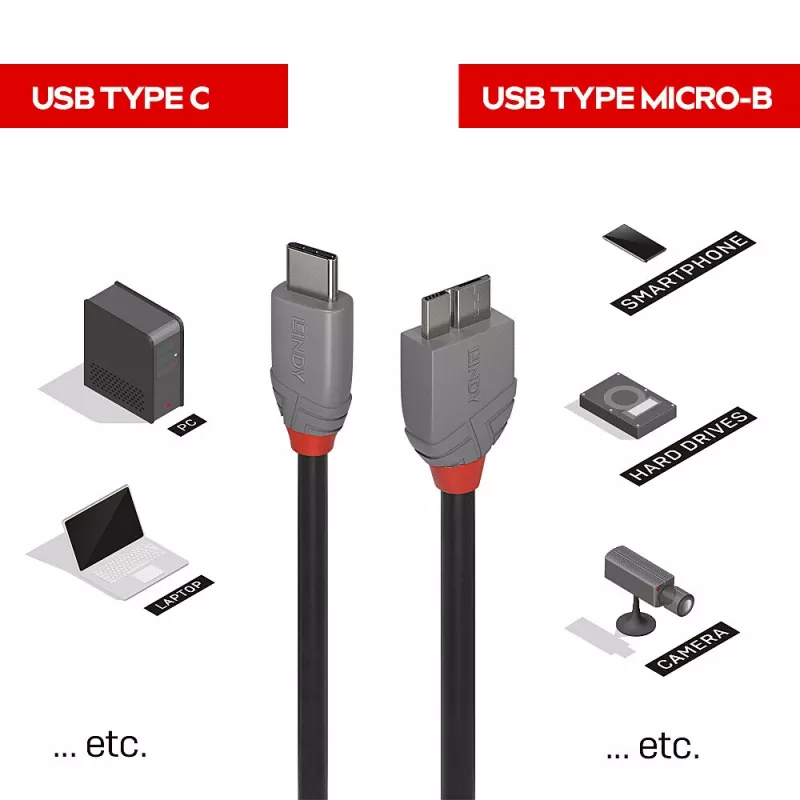 Lindy 2m USB 3.2 Typ C auf Micro-B Kabel, Anthra Line, 2 m, USB C, Micro-USB B, USB 3.2 Gen 1 (3.1 Gen 1), Schwarz
