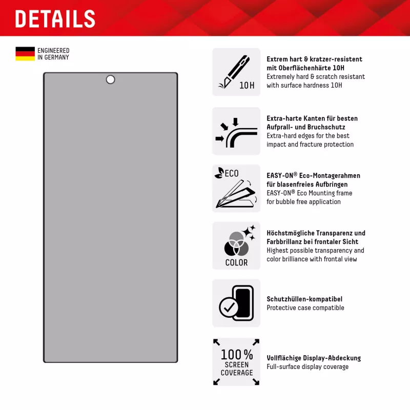 Displex Privacy Screen Protector (10H) für Samsung Galaxy S24 Ultra, Eco Mounting Frame, Sichtschutzfilter