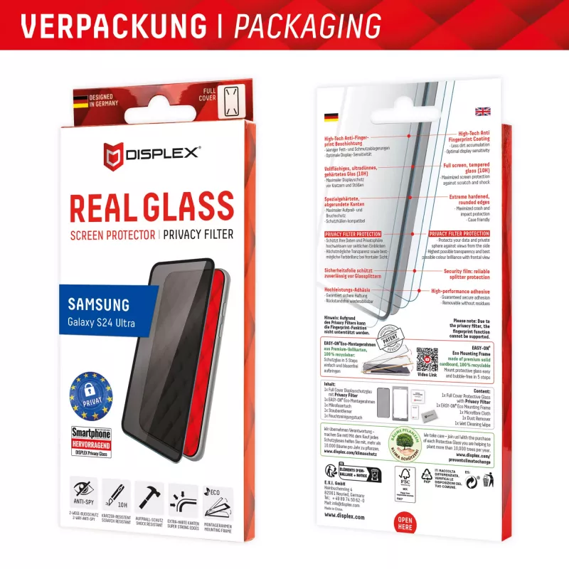 Displex Privacy Screen Protector (10H) für Samsung Galaxy S24 Ultra, Eco Mounting Frame, Sichtschutzfilter