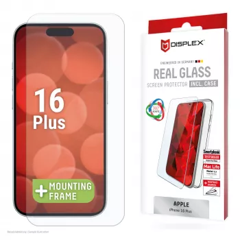 Displex Displayschutzfolie + Hülle für Apple iPhone 16 Plus, Eco-Montagerahmen, kratzfest