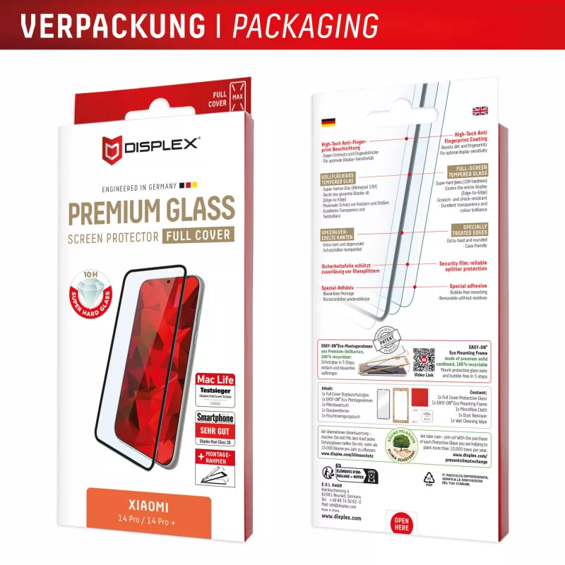 Displex Premium Displayschutzglas (Full Cover, 10H) für Xiaomi Redmi Note 13 Pro+/Note 14 Pro(+), Eco Montagerahmen, Full Cover
