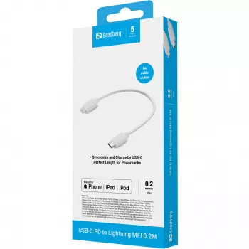 Sandberg USB-C PD auf Lightning MFI 0.2M, 0,2 m, Lightning, USB C, Stecker, Stecker, Weiß