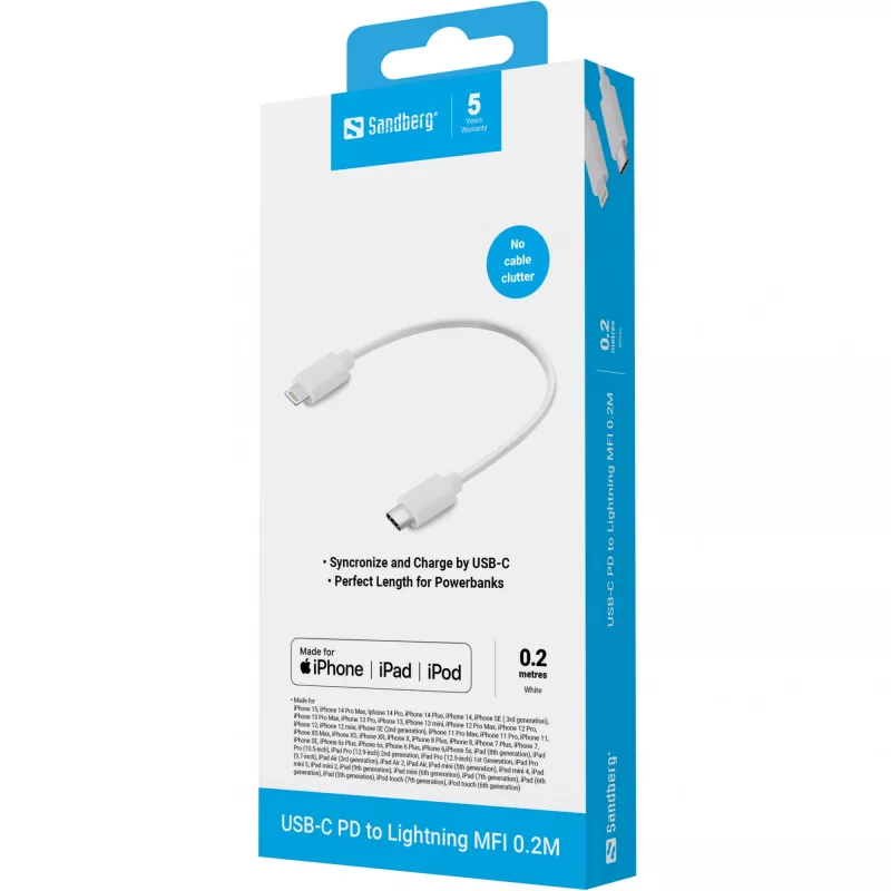 Sandberg USB-C PD auf Lightning MFI 0.2M, 0,2 m, Lightning, USB C, Stecker, Stecker, Weiß