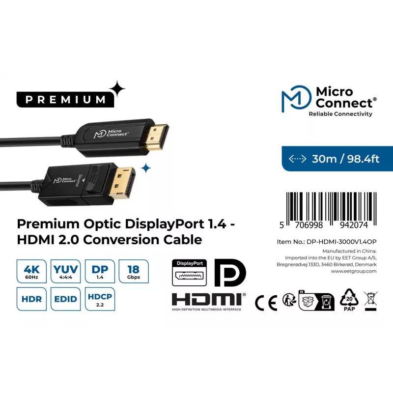 Microconnect DP-HDMI-3000V1.4OP Videokabel-Adapter 30 m DisplayPort HDMI Typ A (Standard) Schwarz