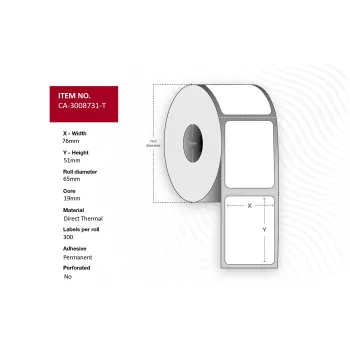 Etikettenrolle Capture CA-3008731-T — 76×51 mm Etiketten, 19 mm Kern, permanent, ohne Perforation, schwarze Markierung, 300 Etiketten/Rolle