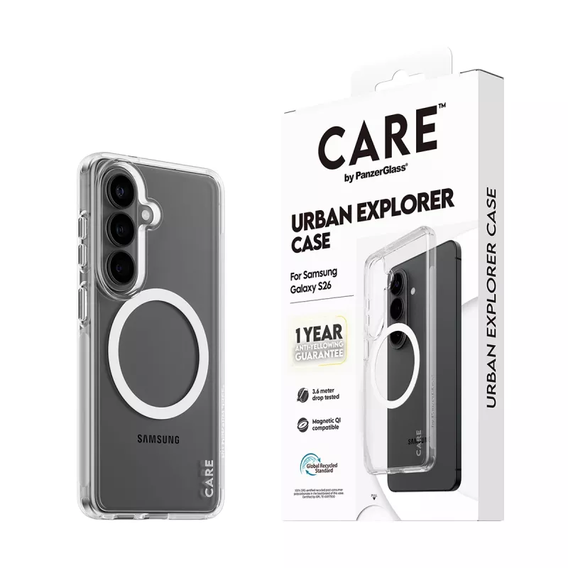 PanzerGlass CARE™ Urban Explorer Hülle für Samsung Galaxy S26 — Transparente Abdeckung mit weißer Qi-Unterstützung