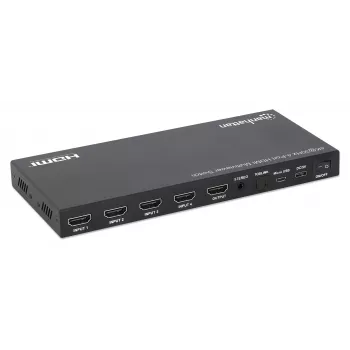 Manhattan 4K 4-Port HDMI Multiviewer Switch, Switch mit vier Eingängen auf einem Display, 4K@30Hz, mehrere Anzeigeoptionen einschließlich Bild-in-Bild und Dual-/Quad-Screen, Tasten- oder Fernbedienung, 3,5-mm- und Toslink-Audio, Schwarz, 3 Jahre Garantie