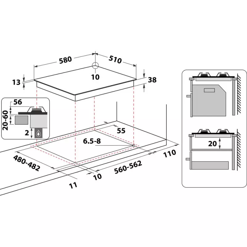 Whirlpool TGML 650 IX Edelstahl Einbau 58 cm Gas 4 Kochzonen