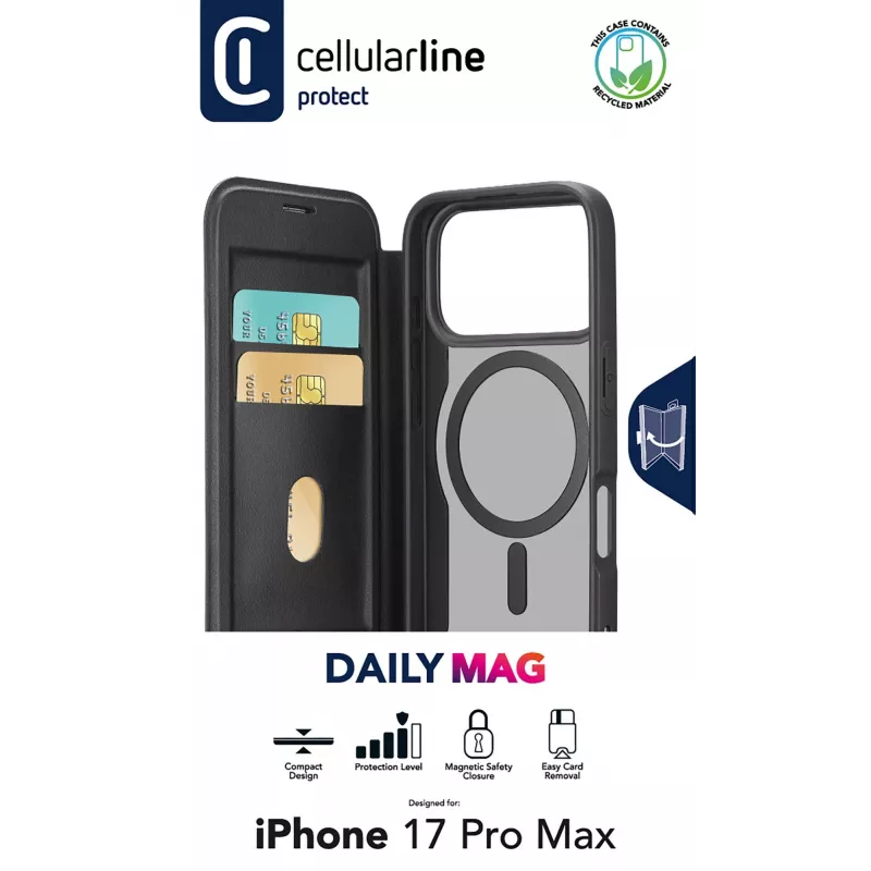 Cellularline Daily Mag - iPhone 17 Pro Max Buchhülle mit halbtransparentem Hartrücken kompatibel mit Magsafe®-Ökosystem
