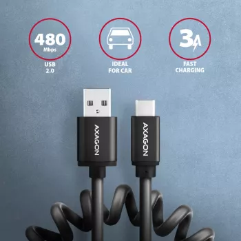 Axagon Daten- und Ladekabel USB 2.0 Länge 1,1 m. 3A. Schwarz gewendelt. USB-Kabel USB A USB C
