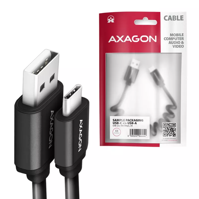 Axagon Daten- und Ladekabel USB 2.0 Länge 1,1 m. 3A. Schwarz gewendelt. USB-Kabel USB A USB C