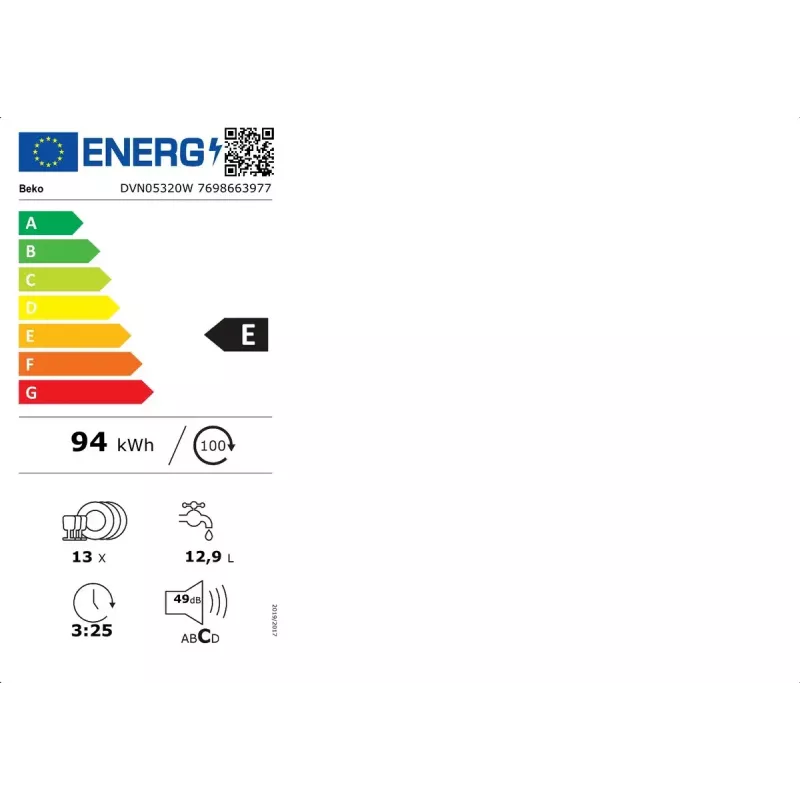 Freistehende Spülmaschine BEKO DVN05320W — 60 cm Breite, 13 Gedecke, 49 dB, 5 Programme, Energieeffizienzklasse E