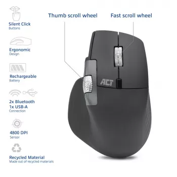 ACT AC5147 kabellose Maus, Bluetooth/USB, Silent Click, 4800 DPI, grau
