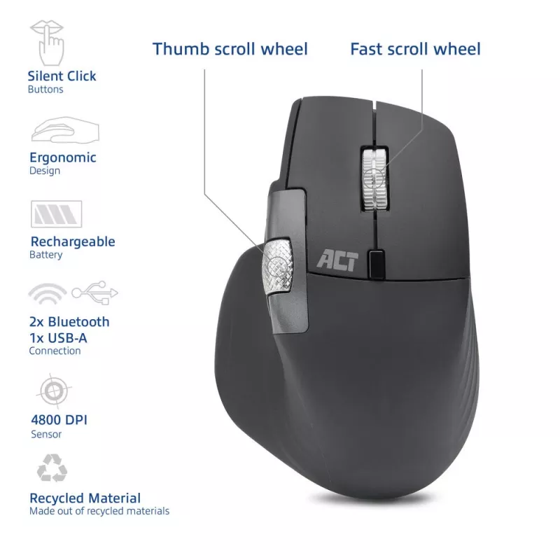 ACT AC5147 kabellose Maus, Bluetooth/USB, Silent Click, 4800 DPI, grau