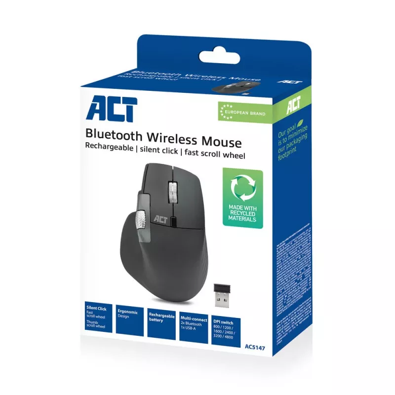 ACT AC5147 kabellose Maus, Bluetooth/USB, Silent Click, 4800 DPI, grau