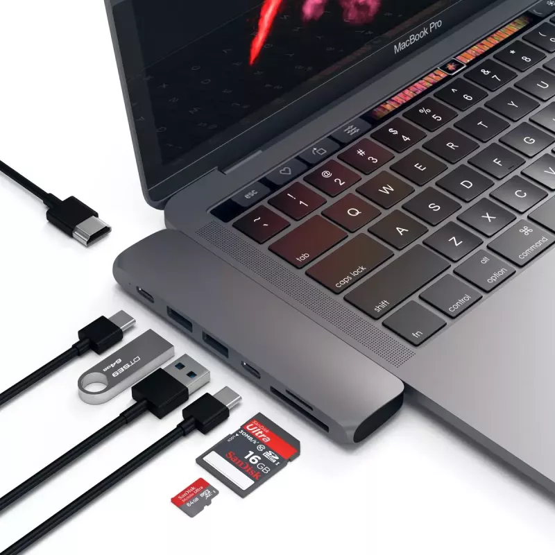 Satechi Laptop-Dock/Port-Replikator ST-CMBPM — USB 3.2 Gen 1 Typ-C-Host, HDMI, USB-A, SD/MicroSD, Grau