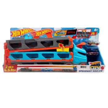 Hot Wheels City Speedway Hauler Carrier mit 3 Spielzeugautos, Fahrzeug-Set, 4 Jahr(e), Kunststoff, Grau, Mehrfarbig