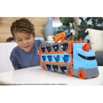 Hot Wheels City Speedway Hauler Carrier mit 3 Spielzeugautos, Fahrzeug-Set, 4 Jahr(e), Kunststoff, Grau, Mehrfarbig