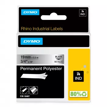 DYMO Rhino Industrial Permanent Polyester Labels | 19 mm x 5,5 m | Schwarzdruck auf Metallic | Selbstklebend | für Rhino & LabelManager Label Makers