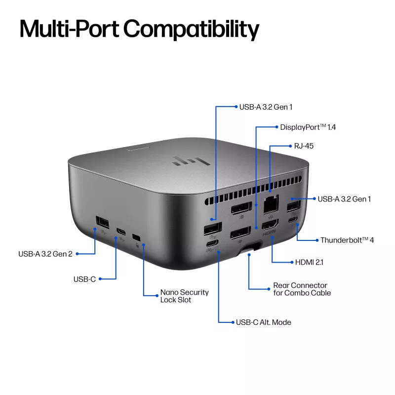 HP Thunderbolt 4 Ultra 280W G6 Dock, Kabelgebunden, Thunderbolt 4, 280 W, 10,100,1000,2500 Mbit/s, Grau, 8K Ultra HD