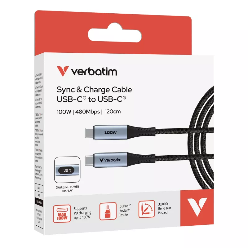 Verbatim Sync & Charge USB C auf USB C 100W Display 120 cm, 1,2 m, USB C, USB C, USB 2.0, 0,48 Gbit/s, Schwarz
