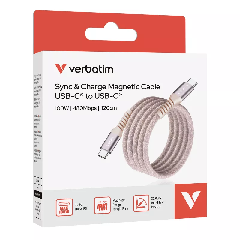 Verbatim Sync & Charge Magnetic Kabel – 100W USB-C auf USB-C, 120 cm, Pink