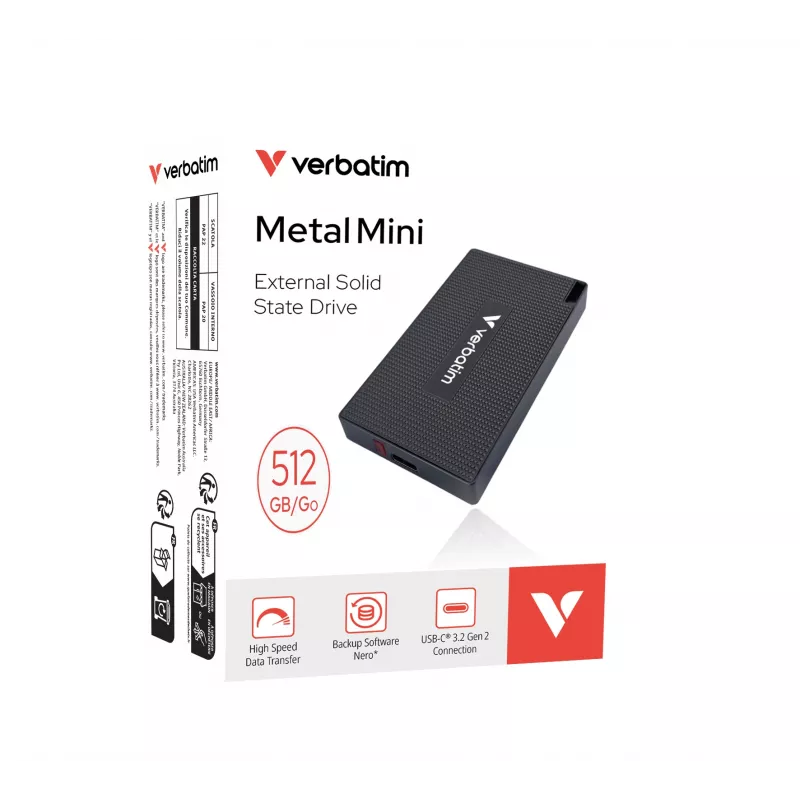 Verbatim Metal Mini SSD USB-C 3.Gen 2 512 GB, 512 GB, USB Type-C, USB 3.2 Gen 2x2, 2000 MB/s, 10 Gbit/s, Grau