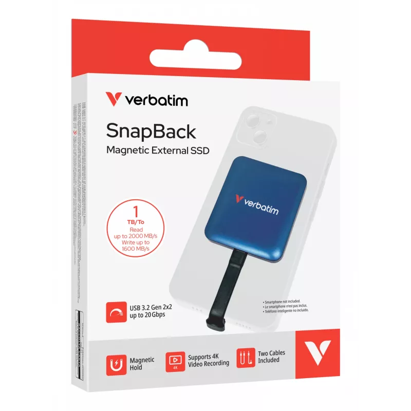 Verbatim SnapBack SSD 1TB Blau Metallic, 1 TB, USB Type-C, USB 3.2 Gen 2x2, 2000 MB/s, 20 Gbit/s, Blau