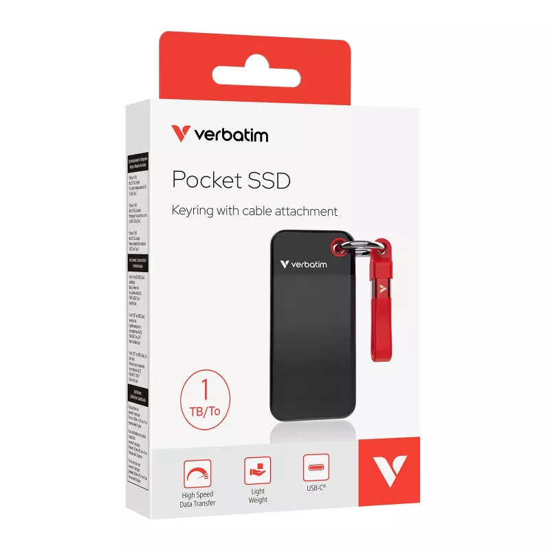 Verbatim Pocket SSD USB 3.2 Gen 2 1 TB Schwarz/Rot, 1 TB, USB Type-C, 3.2 Gen 2 (3.1 Gen 2), 1000 MB/s, 10 Gbit/s, Schwarz, Rot