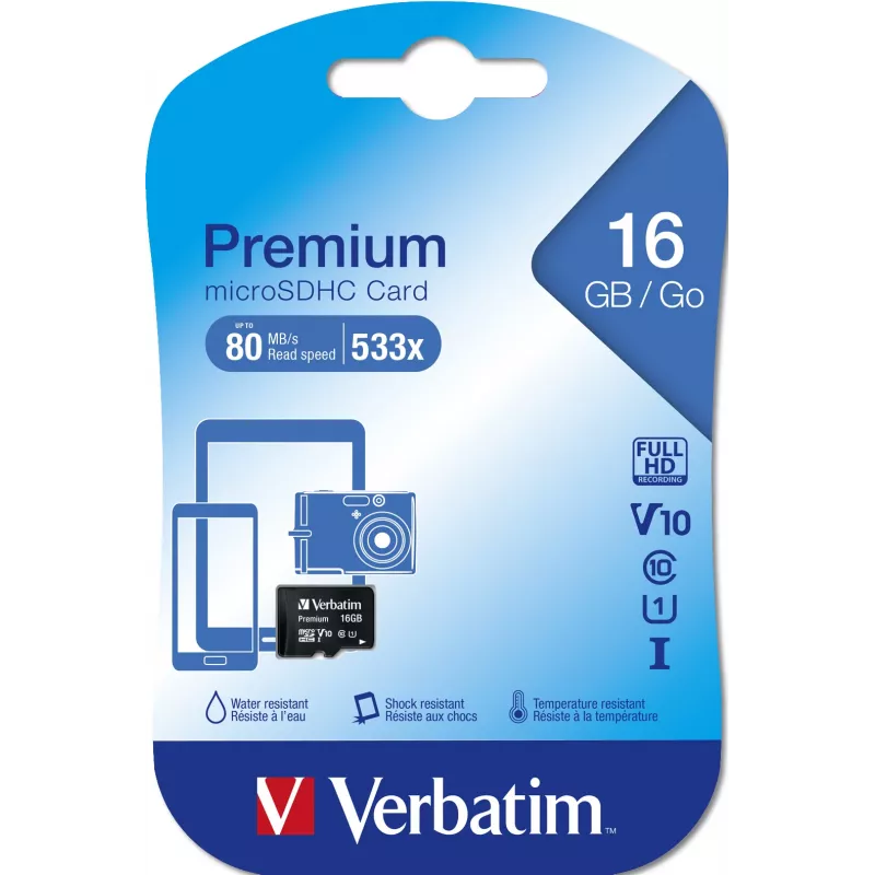 MicroSDHC Verbatim Premium 16 GB Klasse 10 Schwarz 44010