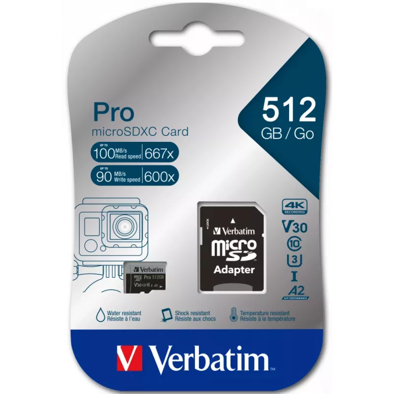 Verbatim Pro U3 512GB Micro SDXC Karte, 512 GB, MicroSDXC, Class 10, UHS-I, 100 MB/s, 90 MB/s