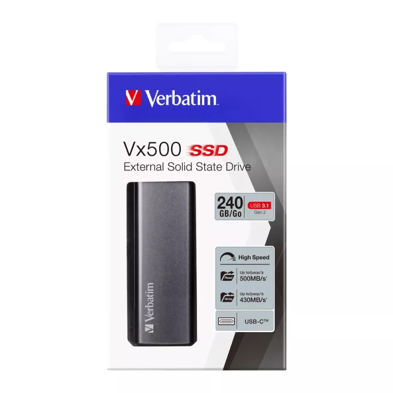 Verbatim Vx500 External SSD USB 3.1 Gen 2 240GB, 240 GB, USB Type-C, 3.2 Gen 2 (3.1 Gen 2), 500 MB/s, Silber