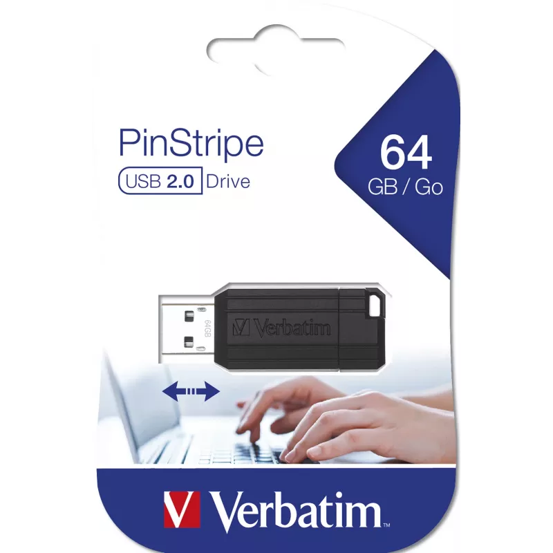 Verbatim PinStripe - USB-Laufwerk 64 GB - Schwarz, 64 GB, USB Typ-A, 2.0, 10 MB/s, Slide, Schwarz