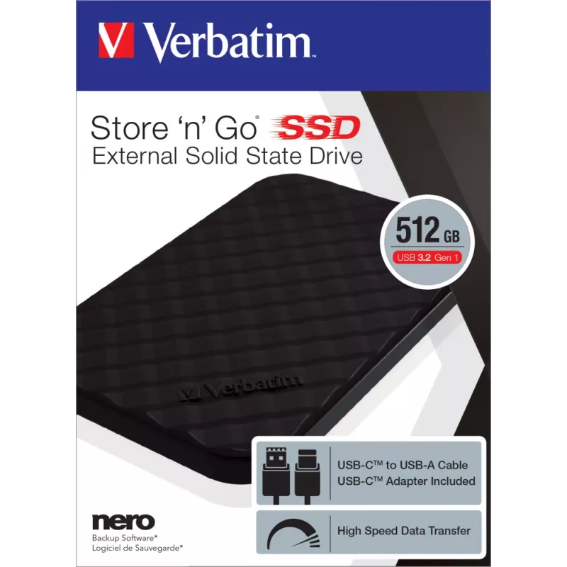Verbatim Store 'n' Go Portable SSD USB 3.2 GEN 1 512GB, 512 GB, USB Type-C, 3.2 Gen 1 (3.1 Gen 1), Schwarz