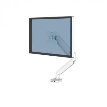 Fellowes Platinum Series Monitorarm – Monitorhalterung für 8 kg, 40-Zoll-Bildschirme – verstellbarer Monitor-Tischhalter – Neigung 45°, Schwenken 180°, Drehung 360°, VESA 75 x 75/100 x 100 – Weiß
