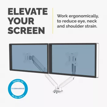 Fellowes Platinum Series Dual-Monitorarm – Monitorhalterung für zwei 8 kg schwere 40-Zoll-Bildschirme – verstellbare Dual-Monitor-Tischhalterung – Neigung 45°, Schwenken 180°, Drehen 360°, Rotation 360°, VESA 75 x 75/100 x 100 – Weiß