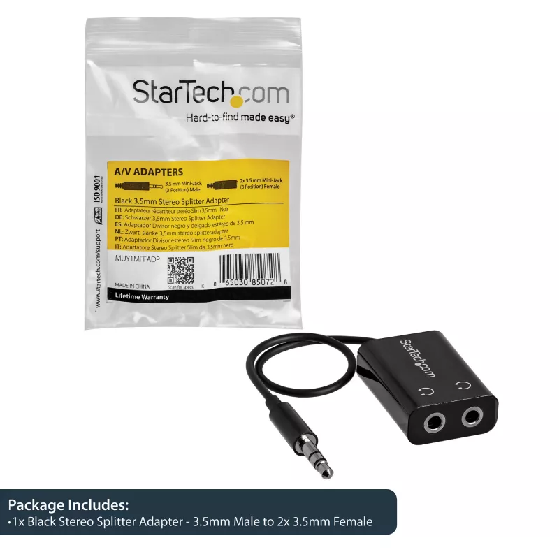 StarTech.com Schwarzer schlank Mini-Klinken-Kopfhörer-Splitterkabel-Adapter – 3,5 mm Stecker auf 2x 3,5 mm Buchse
