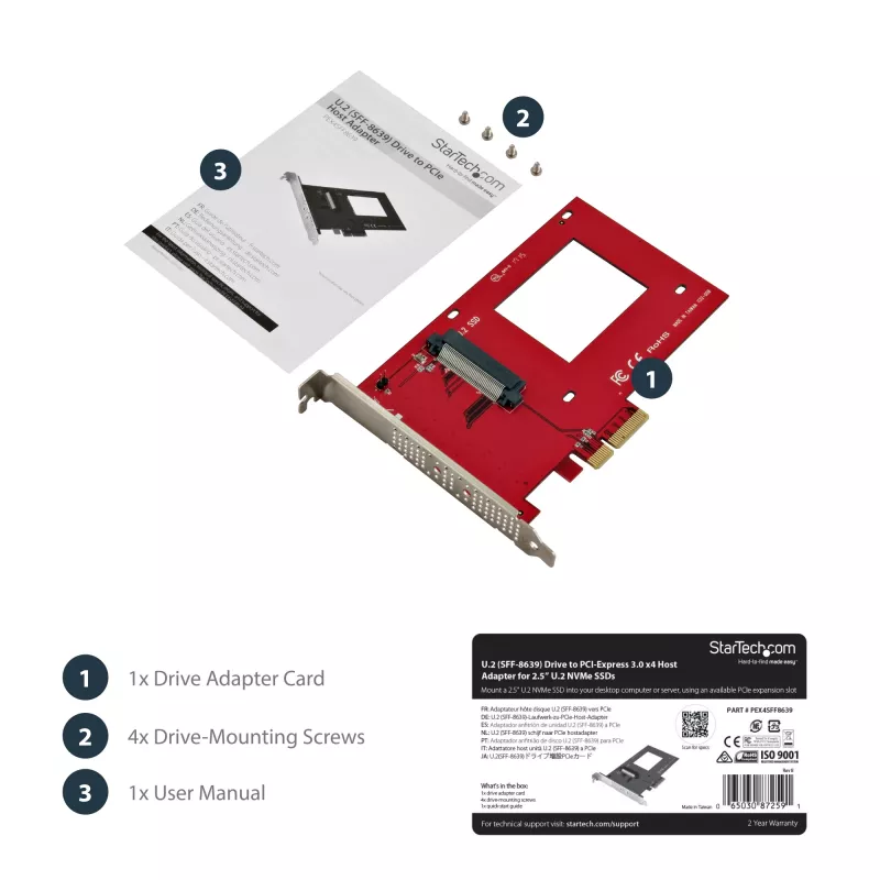 StarTech.com PEX4SFF8639 U.2-zu-PCIe-Adapter für 2,5-Zoll-U.2-NVMe-SSD, SFF-8639, x4 PCIe 3.0