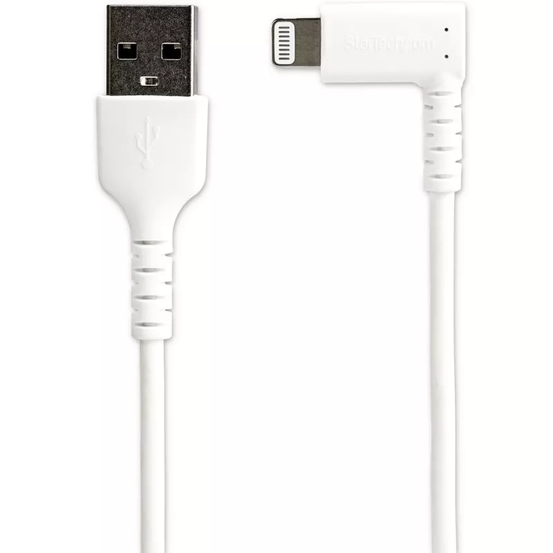 StarTech.com 1 m robustes USB-A-auf-Lightning-Kabel – Weiß 90° abgewinkelt strapazierfähig Aramidfaser USB Typ A auf Lightning Lade-/Sync-Kabel – Apple MFi-zertifiziert – iPhone